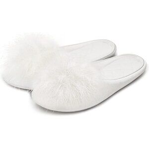 Women's Velvet White Pom Pom Memory Foam Knit Non Slip Sole Slippers Shoes